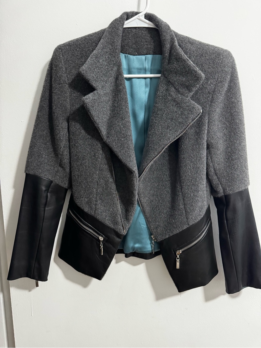 Source Unknown Gray Wool-Blend Jacket with Black Faux-Leather Trim